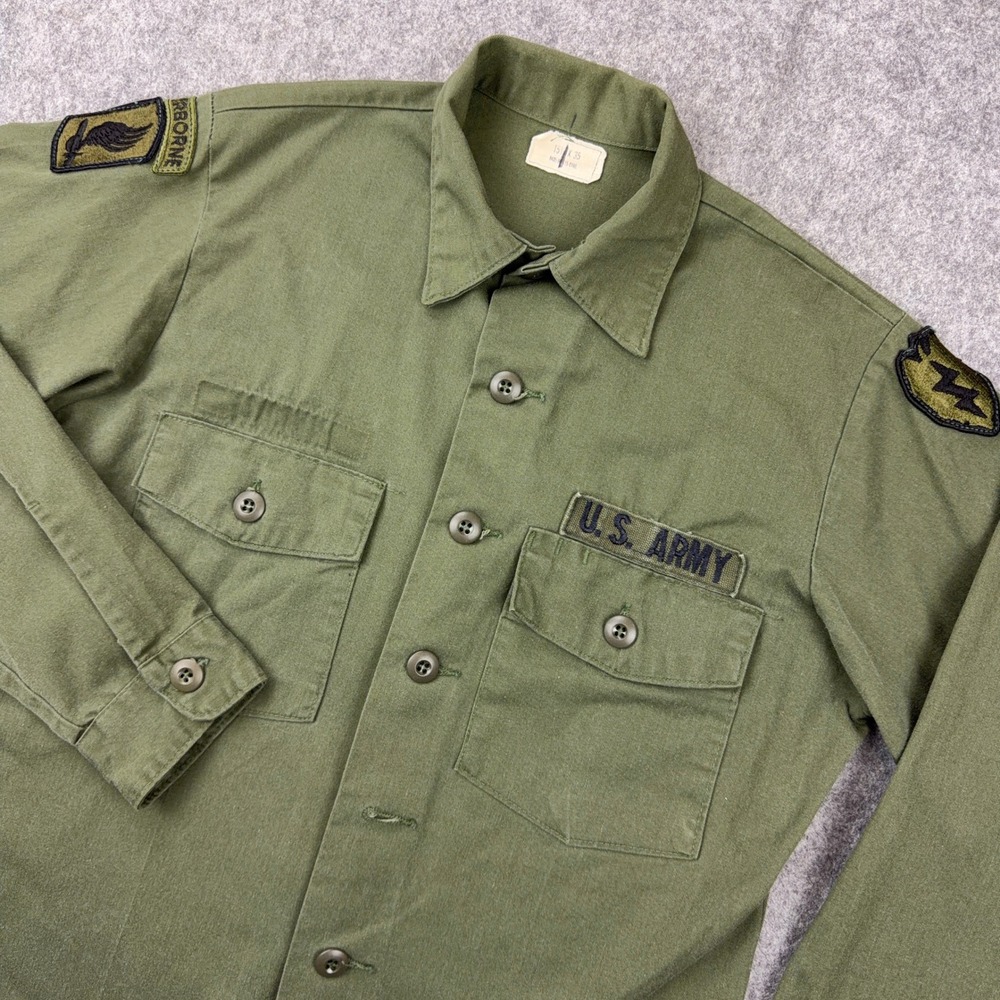 VTG US Army Shirt Mens M Green OG-507 Utility Fatigue Airborne 80s Dura Press